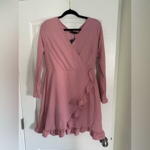 Pink, long sleeve ruffle wrapped dress
